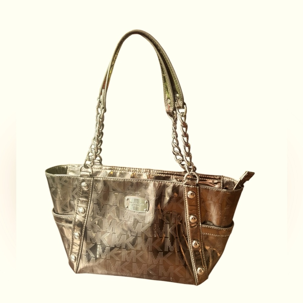 Michael Kors Delancey Signature Mirror/Metallic Chain Shoulder Tote.